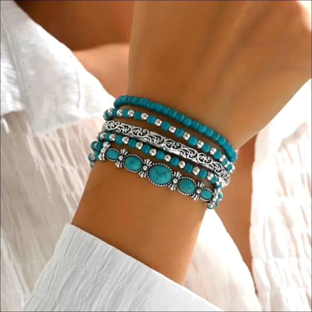 Stretch Turquoise Beaded Bracelet Set, Boho Western Stackable Jewelry - Picture 2 of 7